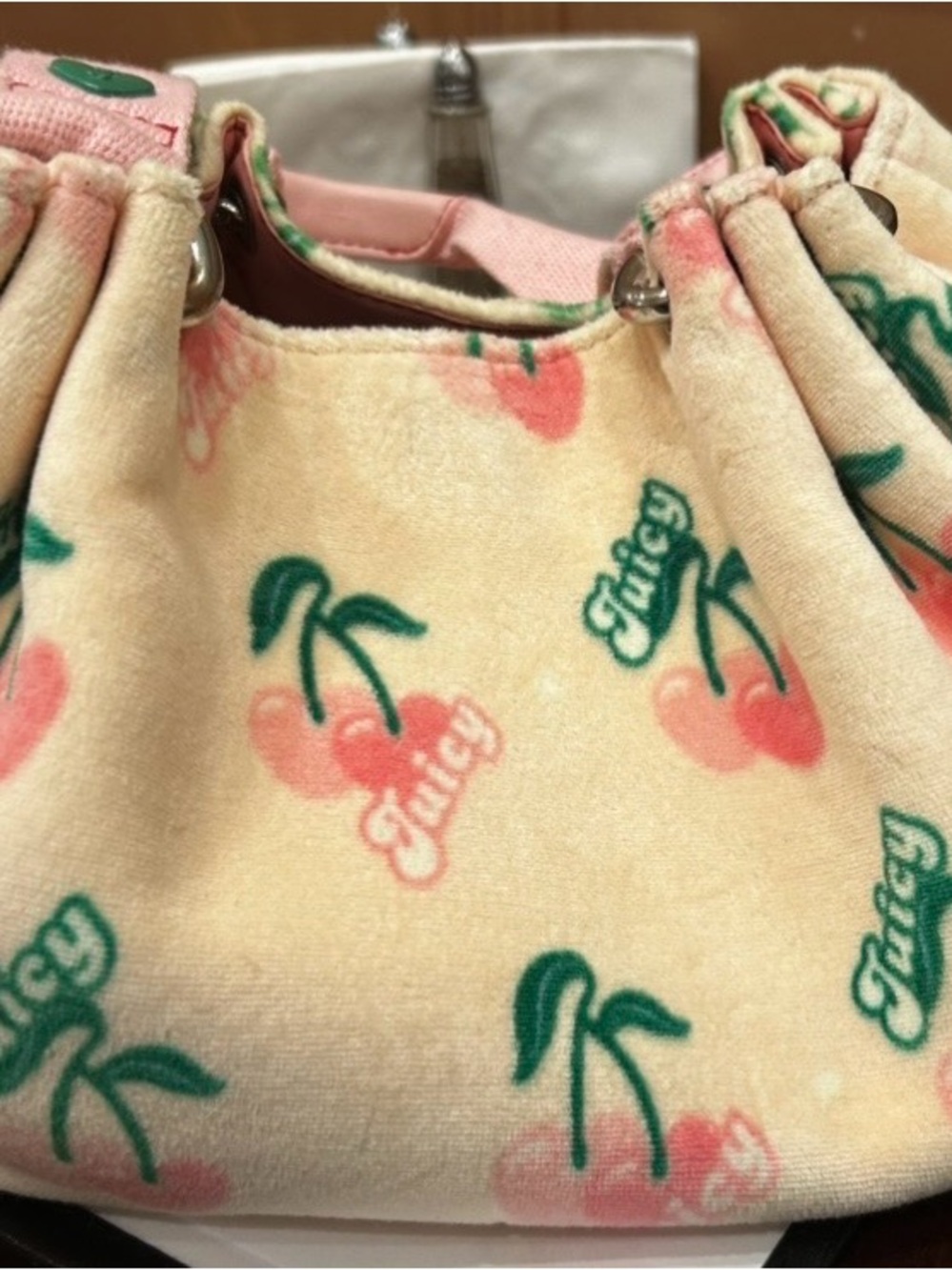 Juicy Couture Cream Pink Cherry Velour Vintage Bag